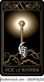 Ace of wands. Card of Minor arcana black and gold tarot cards. Tarot deck. Vector hand drawn illustration with skulls, occult, mystical and esoteric symbols.