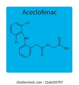Aceclofenac molecular structure, flat skeletal chemical formula. NSAID drug used to treat osteoarthritis, pain, rheumatoid arthritis, ankylosing spondylitis. blue background Vector illustration.