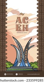 Acehnese landmark Monument Simpang Lima with beautiful scenery design illustration