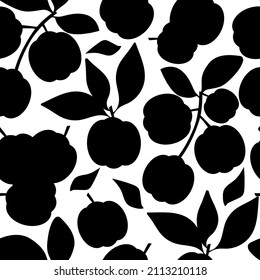 Acerola. Black silhouette on a white background. Seamless. Vector.