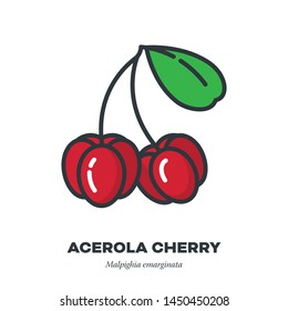 Acerola Cherry Fruit Icon, Outline With Color Fill Style Vector Illustration