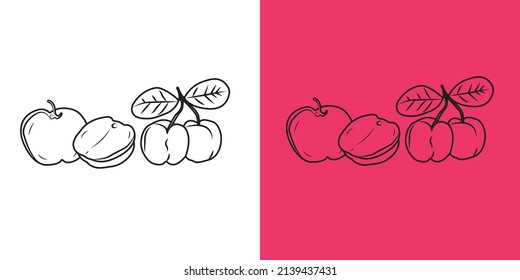 Acerola Cherry Fruits Or Apple Vector Illustration On Red And White Background.