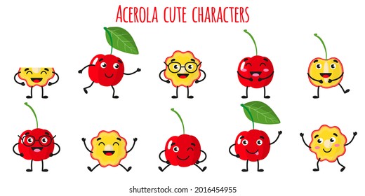 Acerola fruit cute funny cheerful characters with different poses and emotions.