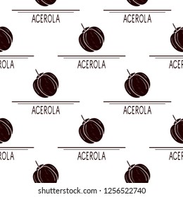 Acerola. Fruit, leaves, text. Seamless, background, texture, wallpaper. Black silhouette.