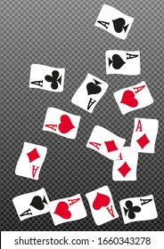 Aces and casino chips falling  on transparent background. The concept of winning or gambling. Poker and card games.