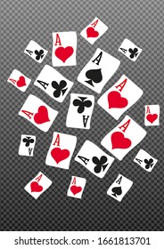 Aces and casino chips falling  on transparent background. The concept of winning or gambling. Poker and card games.