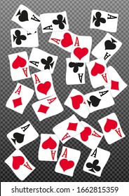 Aces y fichas de casino cayendo sobre fondo transparente. El concepto de ganar o apostar. Poker y juegos de cartas.