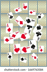 Aces and casino chips falling  on transparent background. The concept of winning or gambling. Poker and card games. 