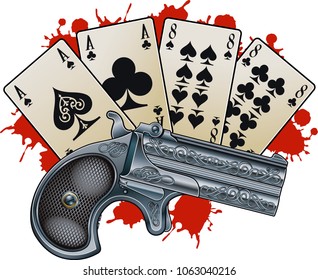 Aces and eights, the Dead mans hand and  pistol
