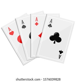 Aces four of a kind poker icon vector illustration with shadows isolated on white background. Guads vintage aces playing cards suits: hearts, spades, diamonds, clubs. Flat cartoon style illustration.