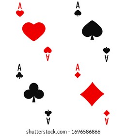 Aces icons vector set for poker card suit isolated on white background. Collection of four vintage aces playing cards suits: hearts, spades, diamonds, clubs. Flat cartoon style illustration.