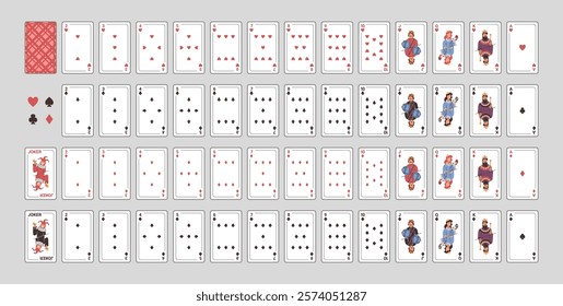 Aces, jokers and number playing cards, open full deck of poker. Vector games and entertainment. Having fun, gambling and winning money. Leisure and hobbies or recreation at weekends, store assortment