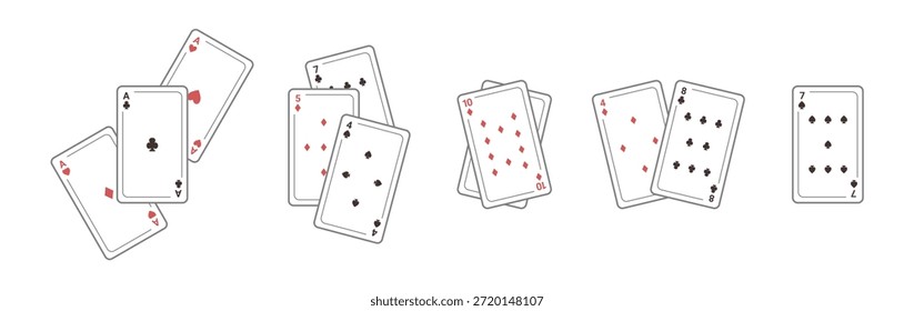 Aces e combinações de cartas numéricas, baralhos abertos isolados. Jogo vetorial. Pôquer e ponte, uno e blackjack. Jogos de casino ou de festa. Diversão e lazer, entretenimento e hobby