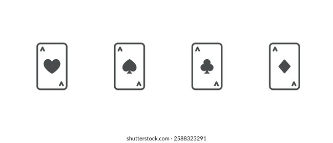 Aces Playing Card Icons. Set of Poker Card Linear Icons featuring ace of hearts, spades, clubs, and diamonds. Perfect for casino, poker, and gambling designs. Vector illustration.