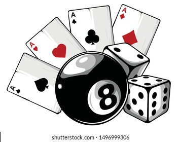 aces playing cards with number eight ball isolated on white background