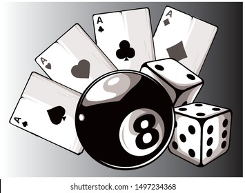 aces playing cards with number eight ball isolated on white background