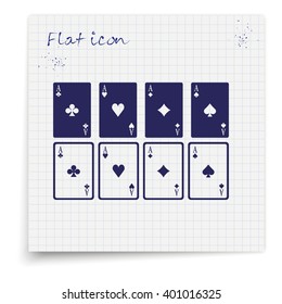 Aces of spades, clubs, diamonds and hearts icon. Flat illustration. Four aces Icon. 