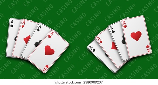 Aces with the suit of hearts, clubs, diamonds and spades. A two fan of hand playing cards. Vetor illustration. Casino concept. Black playing table.