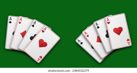 Aces with the suit of hearts, clubs, diamonds and spades. A two fan of hand playing cards. Vetor illustration. Poker or casino concept. Black playing table.