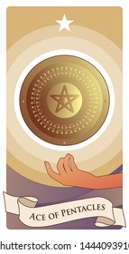 Aces of Tarot Cards. Pentacles. Golden shield with pentacle in the center, floating on one hand and crowned by a star.