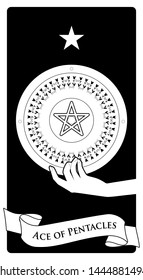 Aces of Tarot Cards. Pentacles. Hand holding a pentacle crowned by a star.