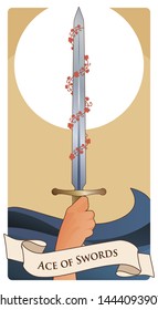 Aces of Tarot Cards. Swords. Hand holding a sword surrounded by red leaves on the waves of the sea.