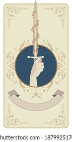 Aces of Tarot Cards. Swords. Hand holding a sword surrounded by red leaves on the waves of the sea.