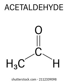 Acetaldehyde or ethanal molecule, chemical structure. Acetaldehyde is a toxic molecule responsible for many symptoms of alcohol hangover. Skeletal formula.