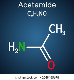 Acetamide, ethanamide molecule. It is a monocarboxylic acid amide, used as plasticizer in the processes of obtaining leather, paper. Structural formula on the dark blue background. Vector illustration