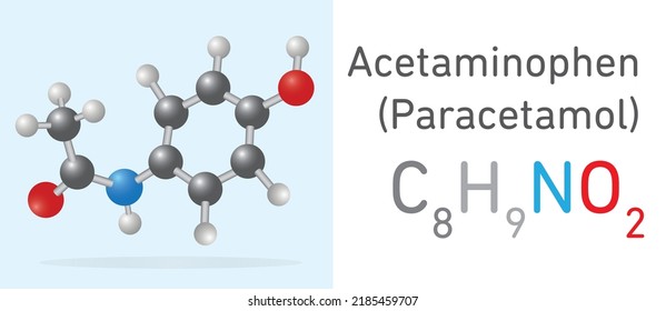 Molécula de Acetaminofeno (Paracetamol) C8H9NO2. Modelo de palo. Fórmula química estructural y modelo molécula. Educación química