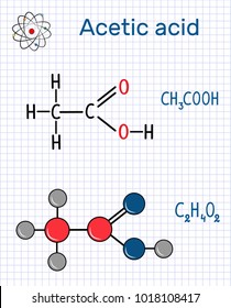 Acetic acid (ethanoic) molecule. Structural chemical formula and molecule model. Sheet of paper in a cage.Vector illustration