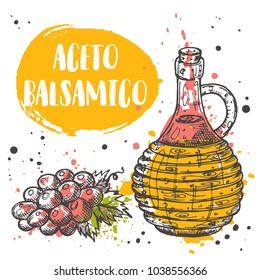 Aceto balsamico concept design. Glass vintage bottle. Ink hand drawn vector illustration. Can be used for menu, shop, farmers market, restaurant, cafe, bar, poster, banner, sticker, placard.