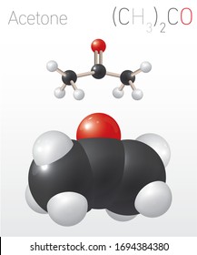 Acetone (CH3)2CO Structural Chemical Formula and Molecule Model. Chemistry Education Vector Illustration