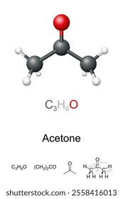 Acetone, molecule model, chemical formula and structure. Also 2-propanone or dimethyl ketone, an organic compound with formula (CH3)2CO. Simplest and smallest ketone and an important organic solvent.