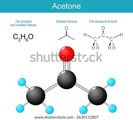 Acetone molecule. Molecular chemical structural formula and model of dimethyl ketone. Skeletal formula and Ball-and-stick model of organic compound. Vector illustration. Medical poster. diagram