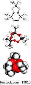 Acetone peroxide (triacetone peroxide, TATP) explosive molecule, chemical structure. Atoms are represented as spheres with conventional color coding: hydrogen (white), carbon (grey), oxygen (red)