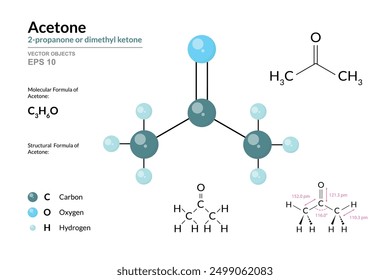 Acetone. Structural Chemical Formula and 3d Model of Molecule. C3H6O. Atoms with Color Coding. Vector graphic Illustration for educational materials, scientific articles, and presentations