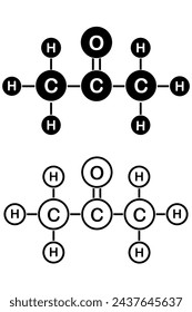 Acetone thin outline and filled icon. C3H6O formula sign. Chemical compound symbol. Carbon, Oxygen and Hydrogen icon. Acetone solvent molecule pictogram.