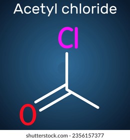 Acetyl chloride molecule. It is acyl chloride, acyl halide. Structural chemical formula on the dark blue background. Vector illustration