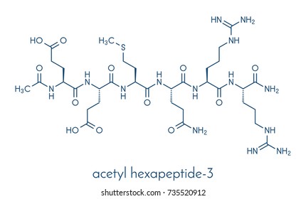 Acetyl hexapeptide-3 (argireline) molecule. Peptide fragment of SNAP-25. Used in cosmetics to treat wrinkles. Skeletal formula.