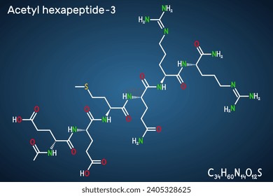 hexapeptide-3 de acetilo, hexapeptide-8 de acetilo, molécula argirelina. Peptide, fragmento de SNAP-25, sustrato de la toxina botulínica. Fórmula estructural, fondo azul oscuro. Ilustración del vector