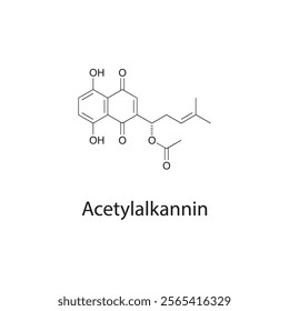 Acetylalkannin skeletal structure diagram.Naphthoquinone compound molecule scientific illustration.