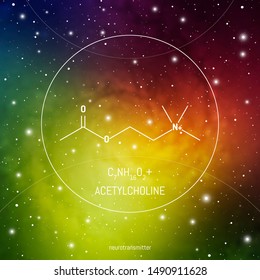 Acetylcholine neuro transmitter molecule and formula in front of cosmis background. Brain chemistry infographic.