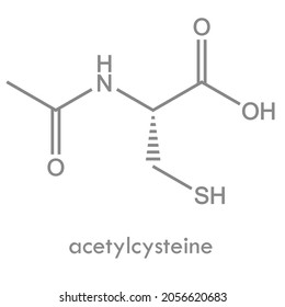 Acetylcysteine molecule, a mucolytic drug structure. Used to treat paracetamol overdose and in treatment of respiratory diseases.