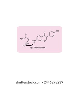 Acetyldaidzin skeletal structure diagram.Isoflavanone compound molecule scientific illustration on pink background. svg