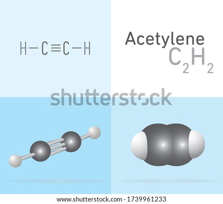 Acetylene (C2H2) gas molecule. Two 
different molecule model and chemical formula. Ball, stick and Space filling model. Structural Chemical Formula and Molecule Model. Chemistry Education