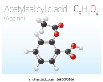 Acetylsalicylic Acid (Aspirin) C9H8O4 Structural Chemical Formula And Molecule Model. Chemistry Education Vector Illustration