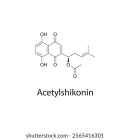 Acetylshikonin skeletal structure diagram.Naphthoquinone compound molecule scientific illustration.