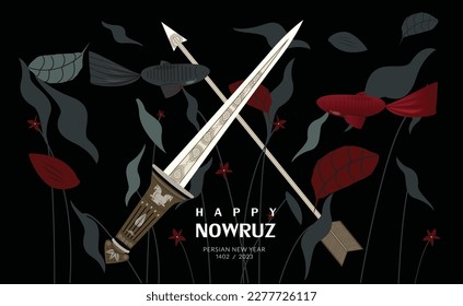 Achaemenid dagger and arrow of ancient Iran. Nowruz Greeting Card. Iranian celebration. Spring blossoms. greeting card of happy nowruz. Iranian new year banner. haft sin