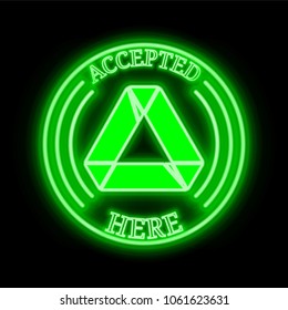 Achain (ACT) green  neon cryptocurrency symbol in round frame with text "Accepted here". Vector illustration isolated on black background